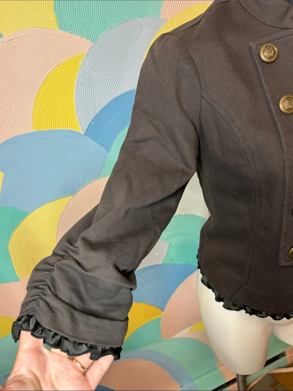 Vintage Stooshy Women's Black Military-Style Ruffle Trim Jacket sz M